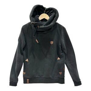 Naketano Pull Over Hoodie Large Black Chunky Cowl Collar Pockets Womens Cozy